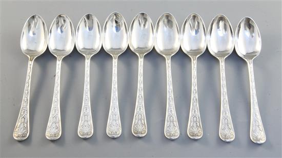 A set of 9 Victorian silver Elizabethan pattern teaspoons 8.9 oz.